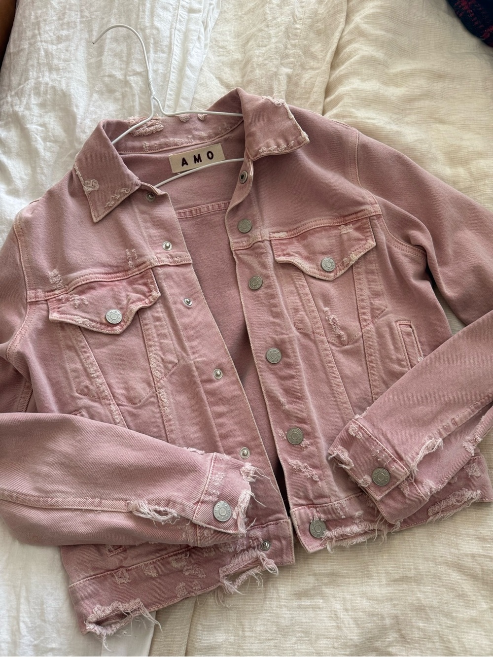 AMO Dusty Pink Distressed Denim Jacket
